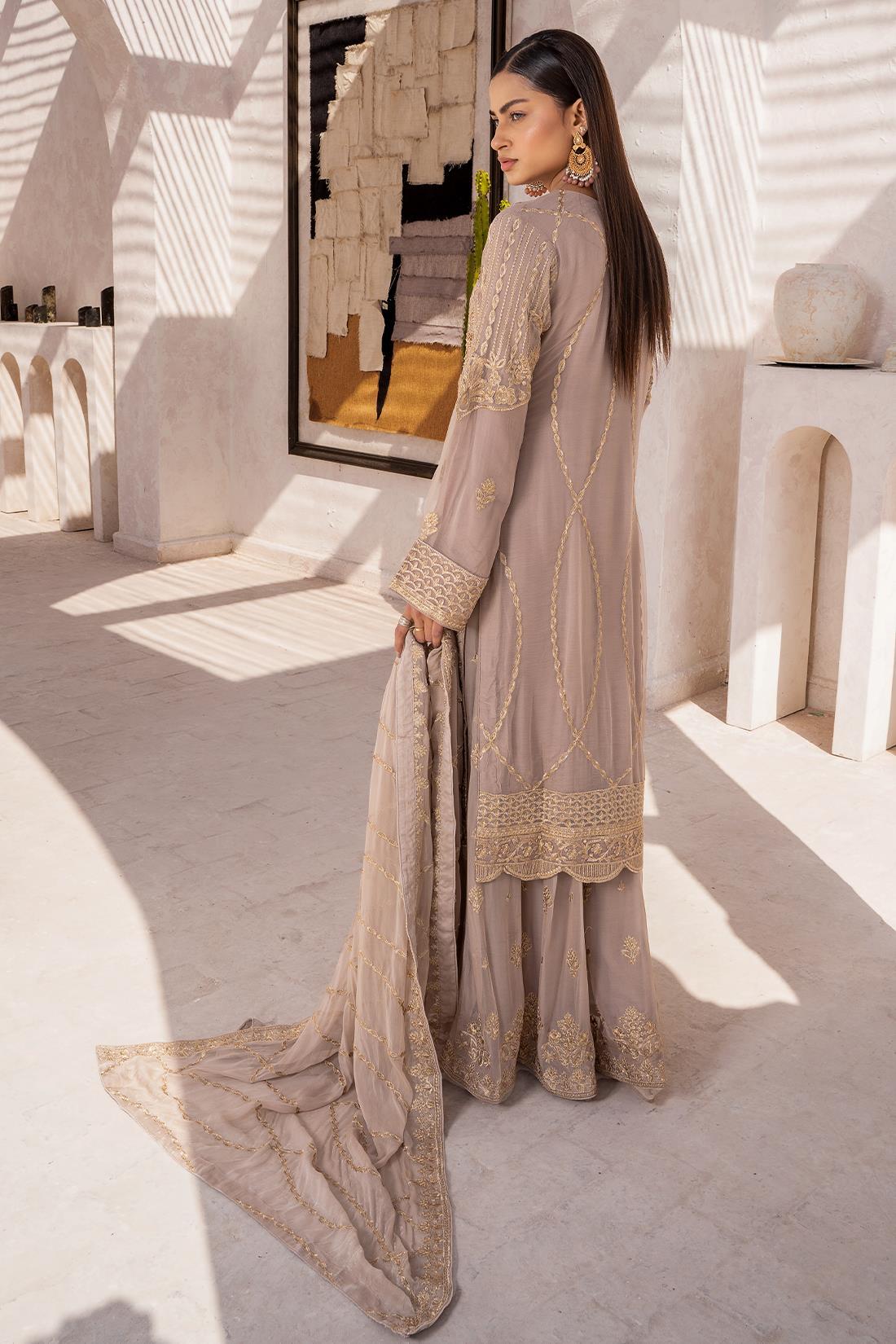 Cappuccino Embroidered Sharara Chiffon 3 Piece Suit