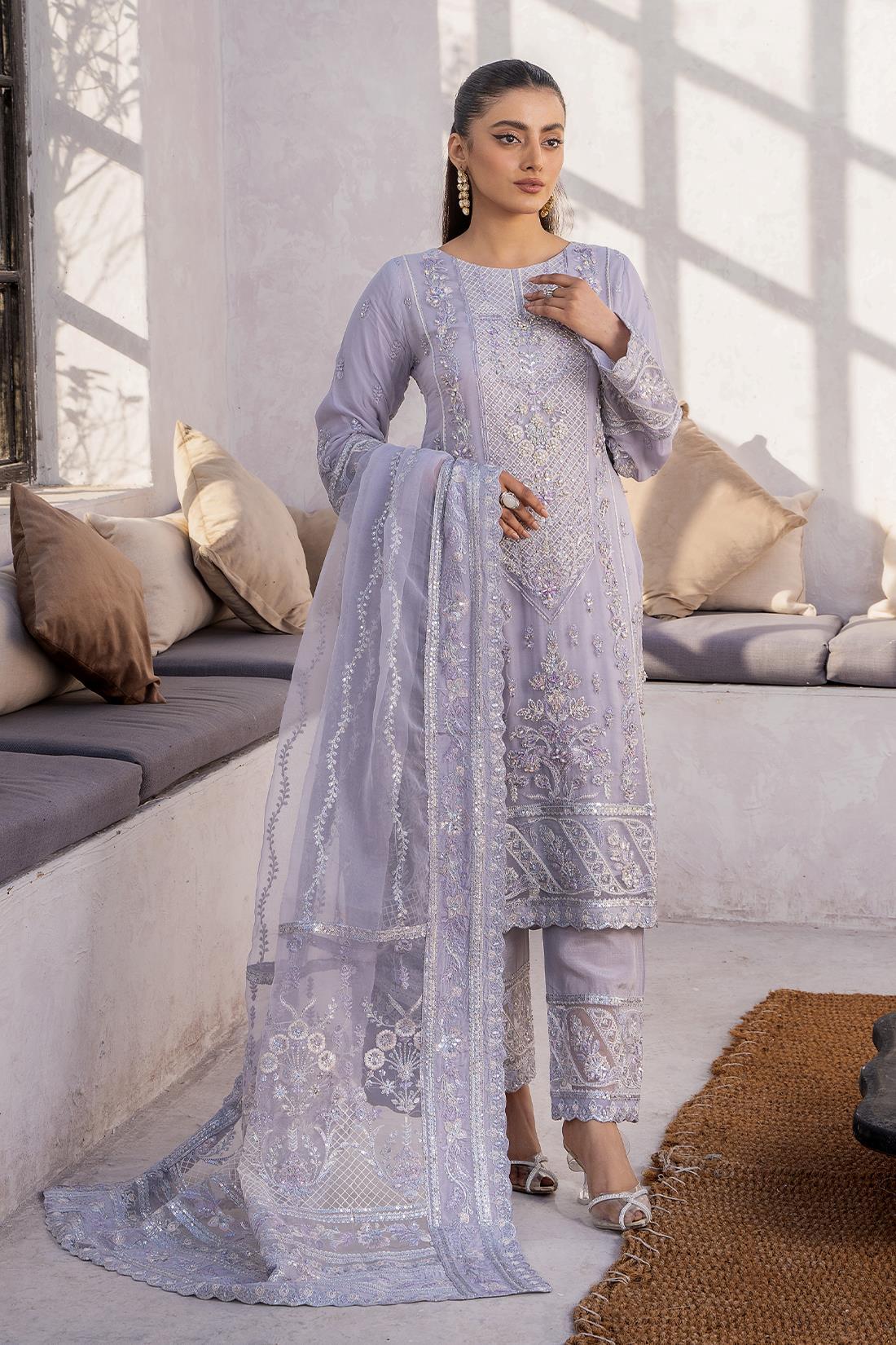 Lavendar Embroidered Raw Silk Chiffon 3 Piece Suit
