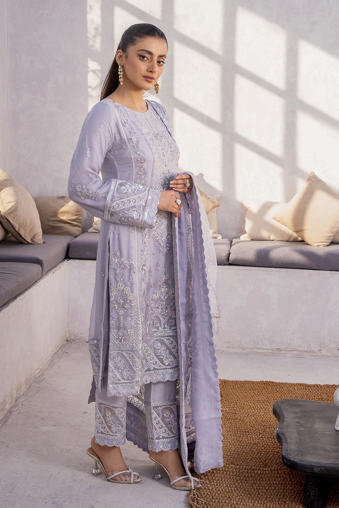 Lavendar Embroidered Raw Silk Chiffon 3 Piece Suit