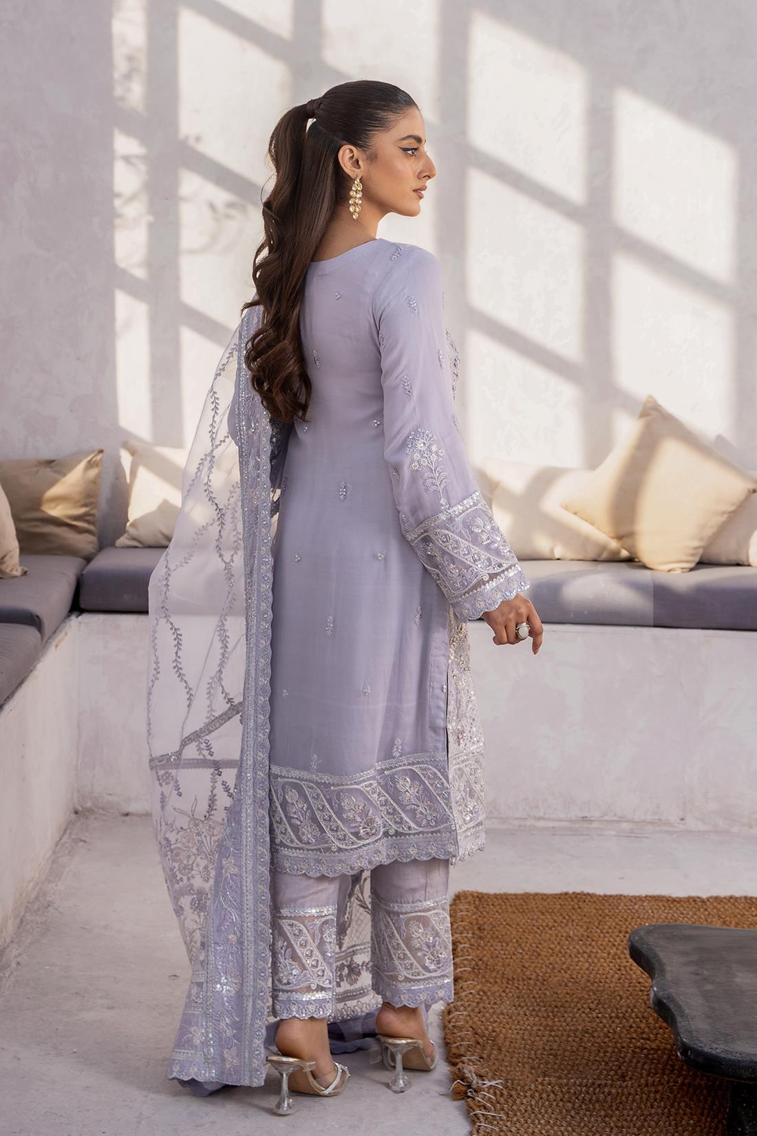 Lavendar Embroidered Raw Silk Chiffon 3 Piece Suit