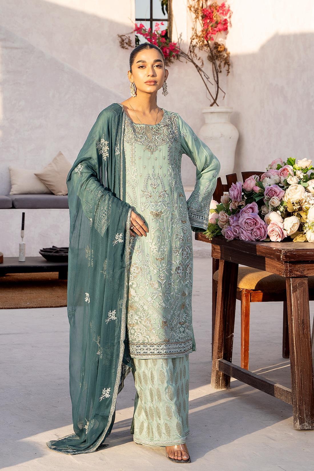Mint Green Embroidered Raw Silk Chiffon 3 Piece Suit