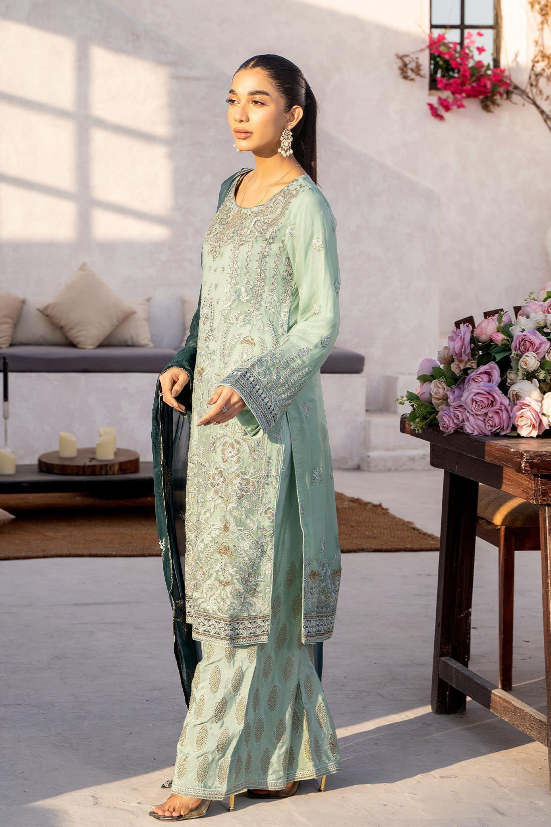 Mint Green Embroidered Raw Silk Chiffon 3 Piece Suit