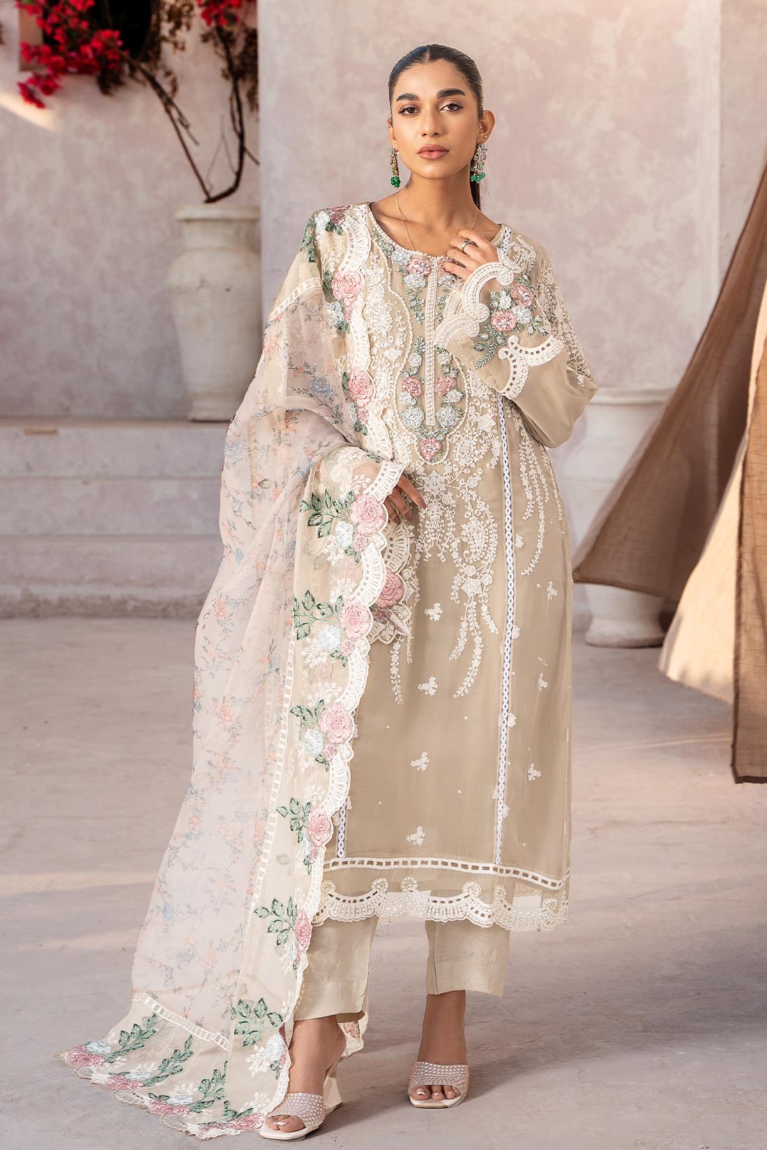 Beige Embroidered Raw Silk Chiffon 3 Piece Suit