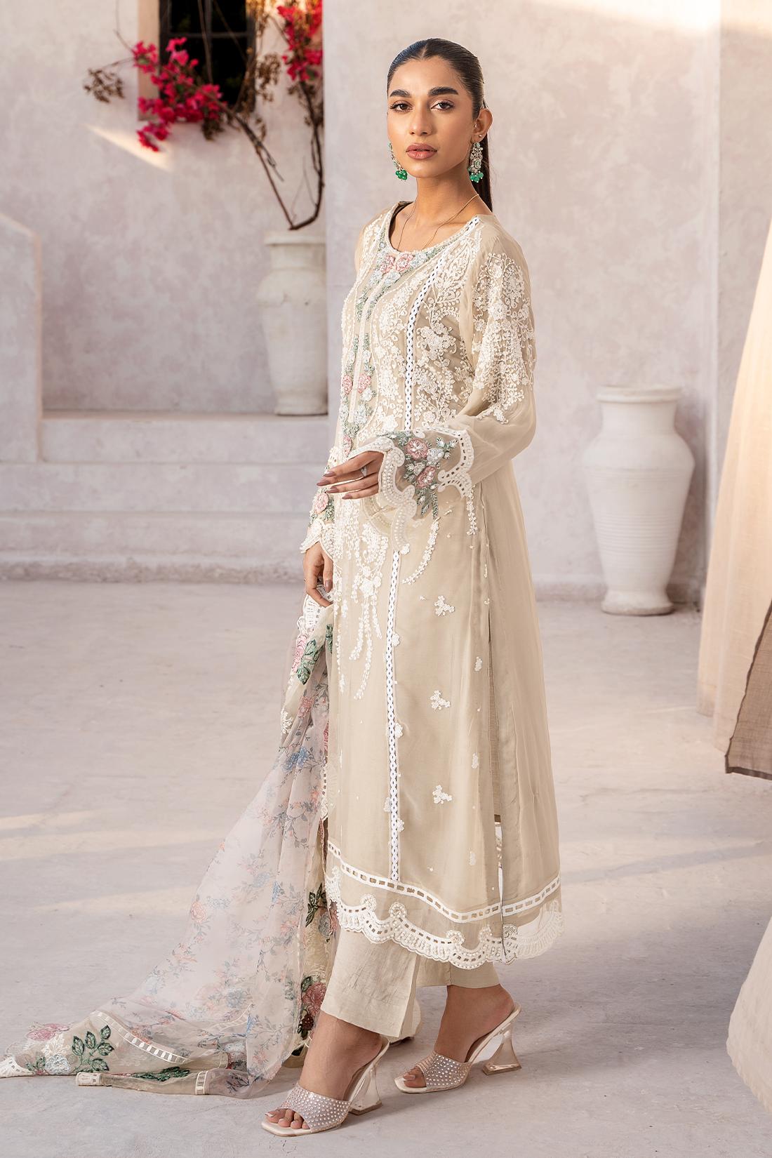 Beige Embroidered Raw Silk Chiffon 3 Piece Suit