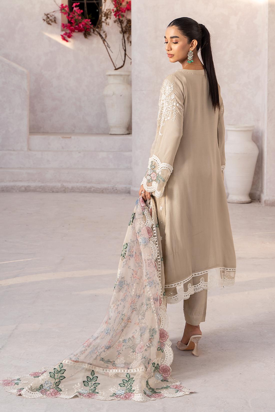 Beige Embroidered Raw Silk Chiffon 3 Piece Suit