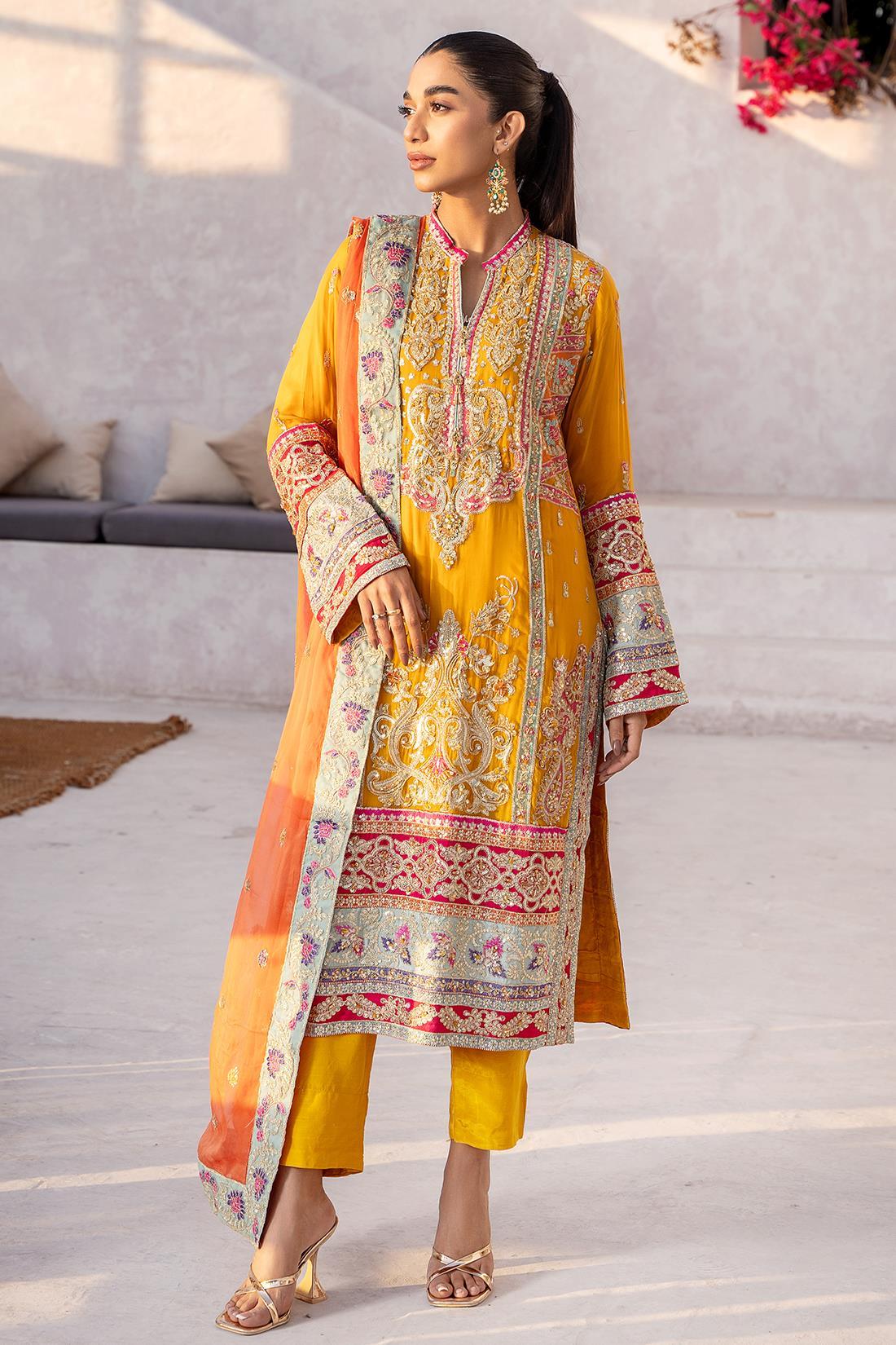 Mustard Embroidered Raw Silk Chiffon 3 Piece Suit
