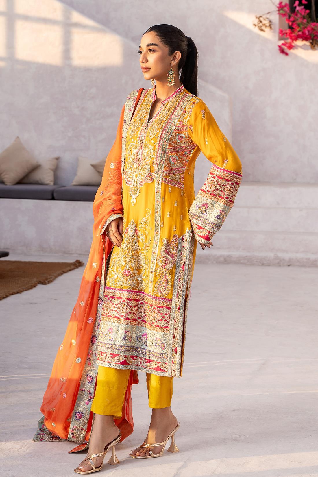 Mustard Embroidered Raw Silk Chiffon 3 Piece Suit