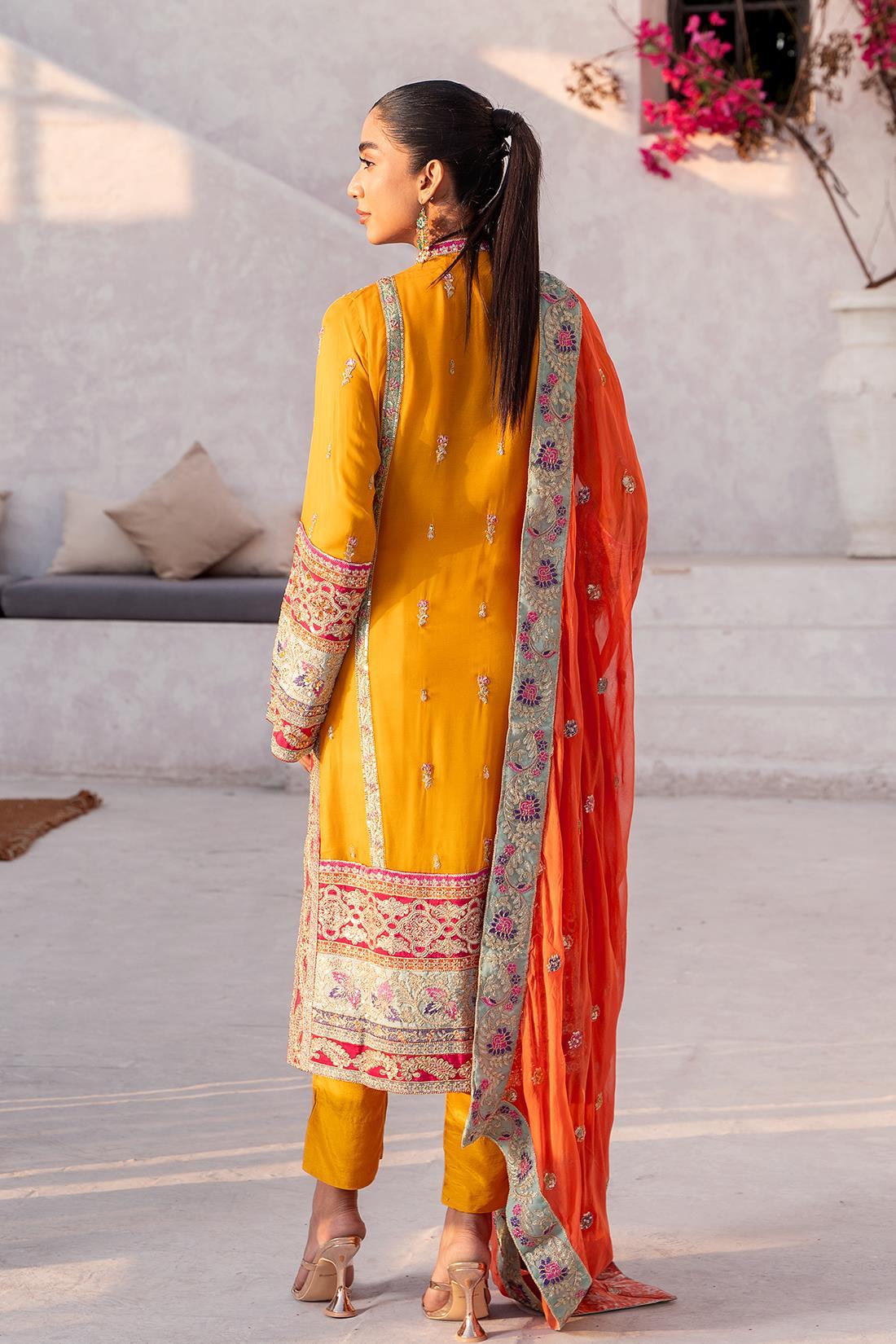 Mustard Embroidered Raw Silk Chiffon 3 Piece Suit