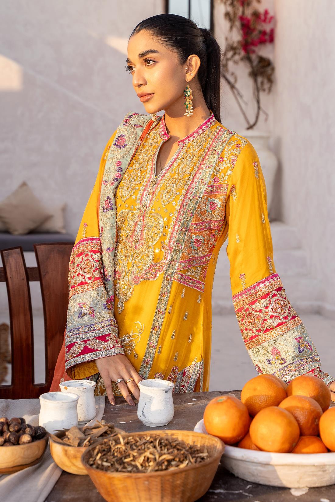 Mustard Embroidered Raw Silk Chiffon 3 Piece Suit