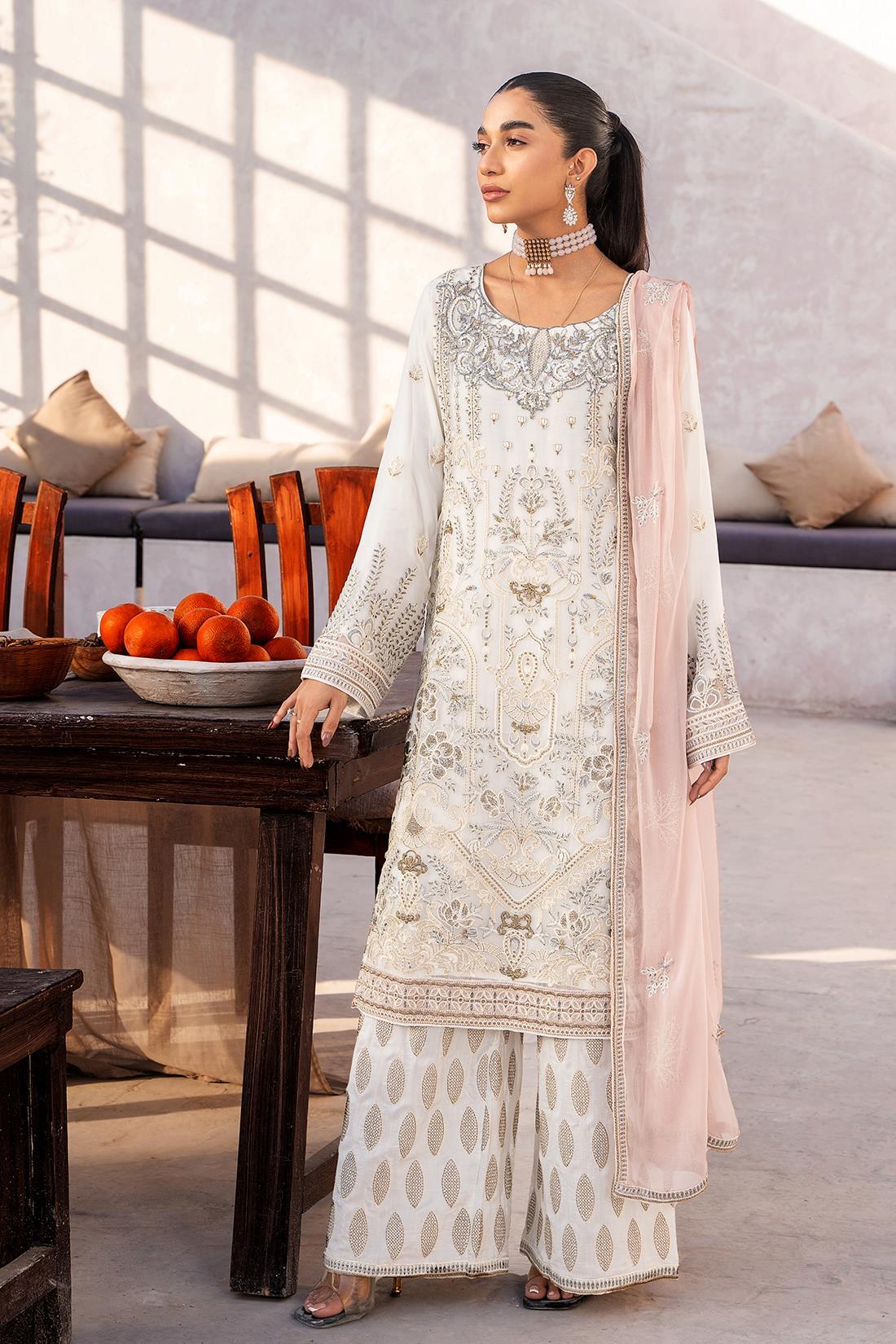 White Embroidered Raw Silk Chiffon 3 Piece Suit
