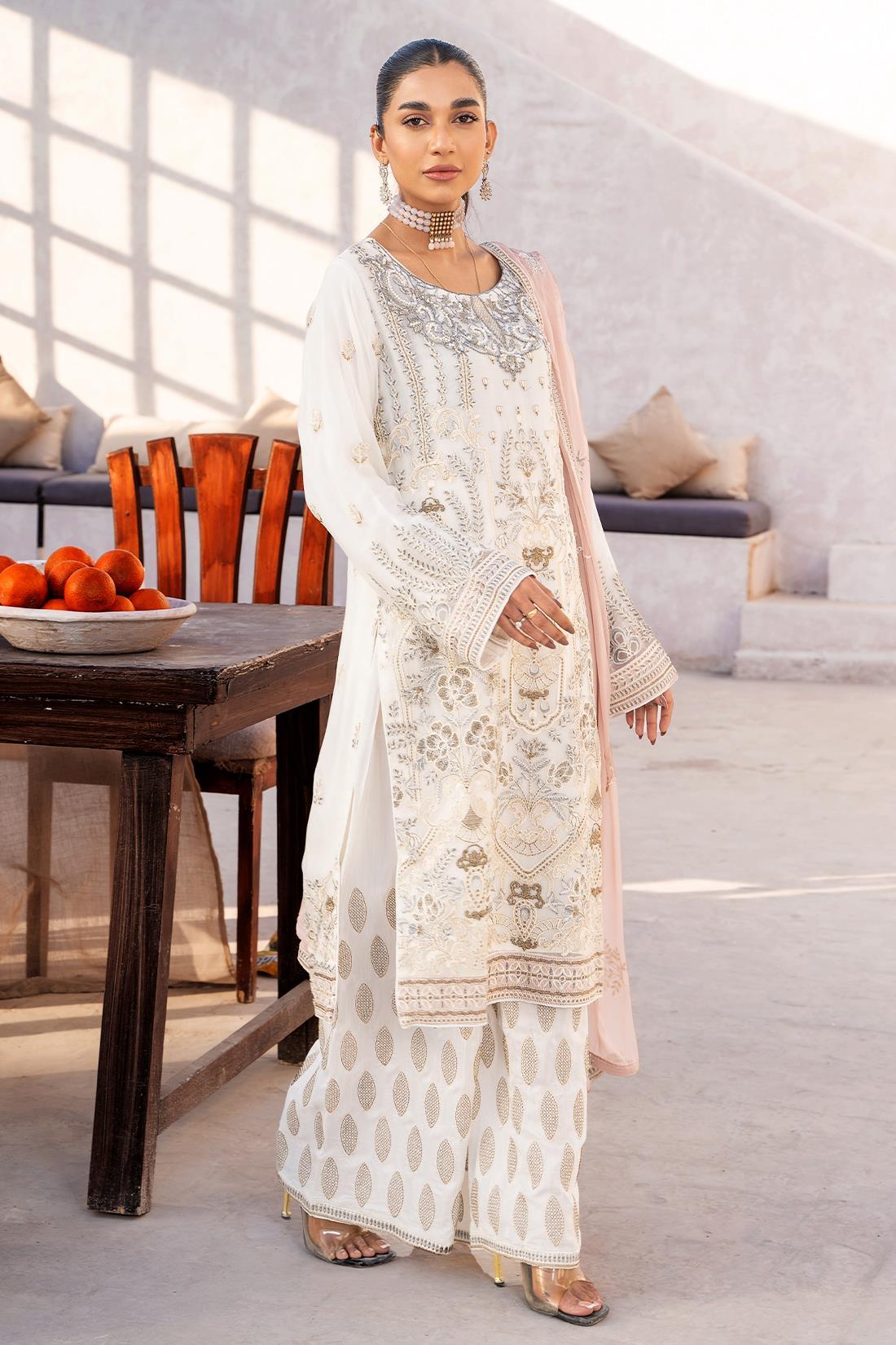 White Embroidered Raw Silk Chiffon 3 Piece Suit