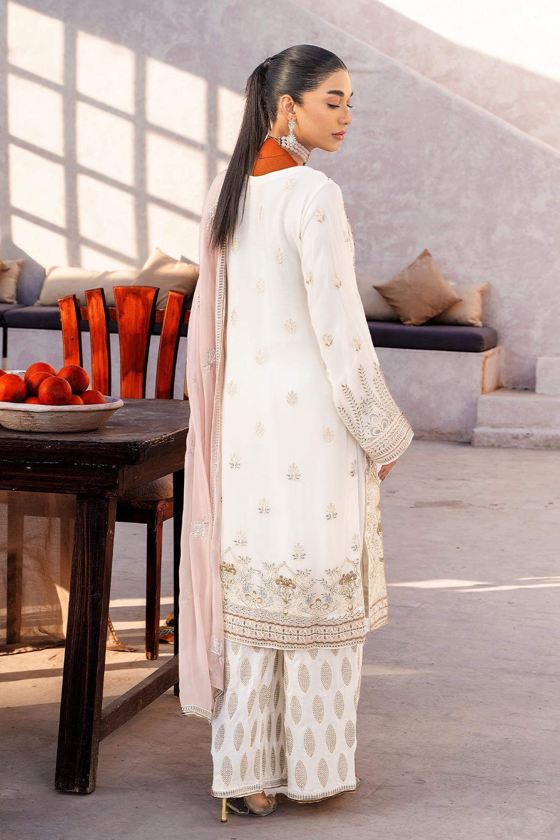 White Embroidered Raw Silk Chiffon 3 Piece Suit