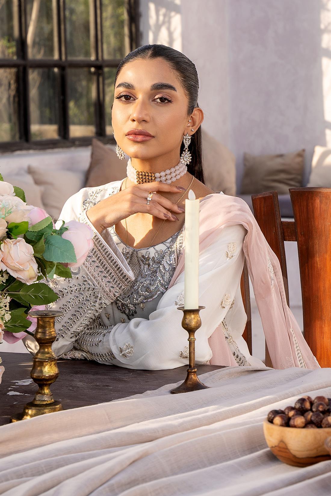 White Embroidered Raw Silk Chiffon 3 Piece Suit