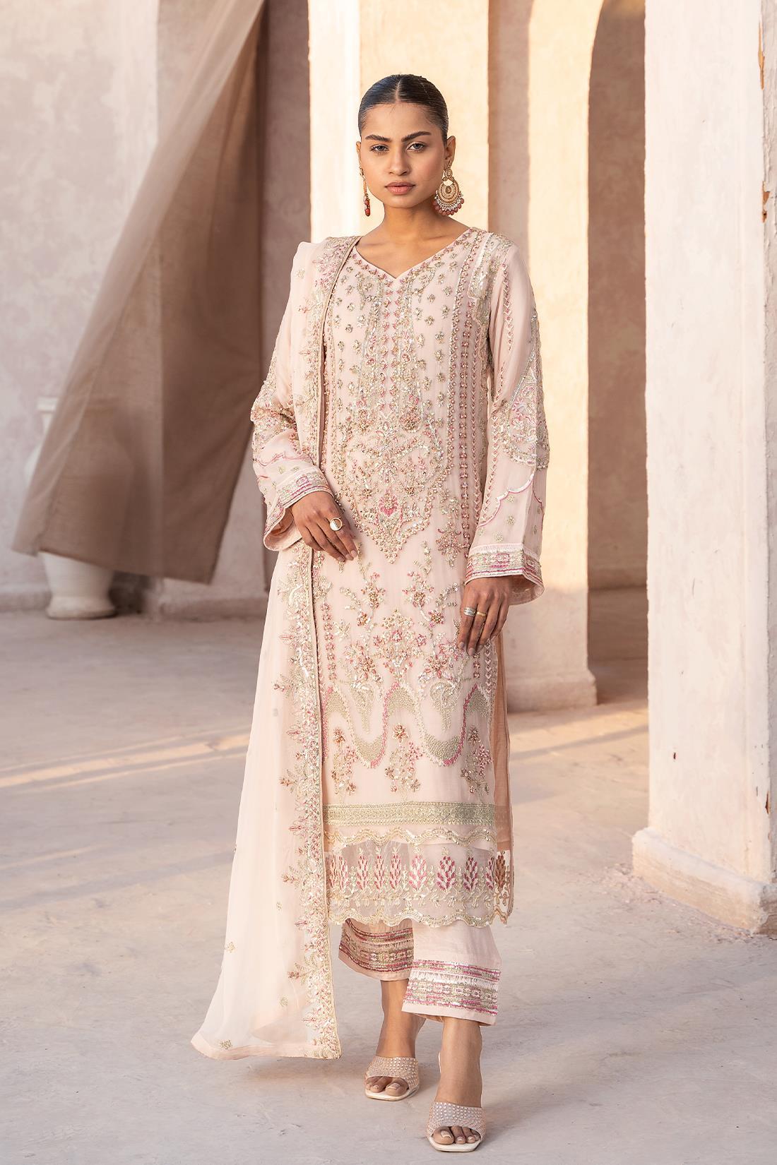 Peach Pink Embroidered Raw Silk Chiffon 3 Piece Suit