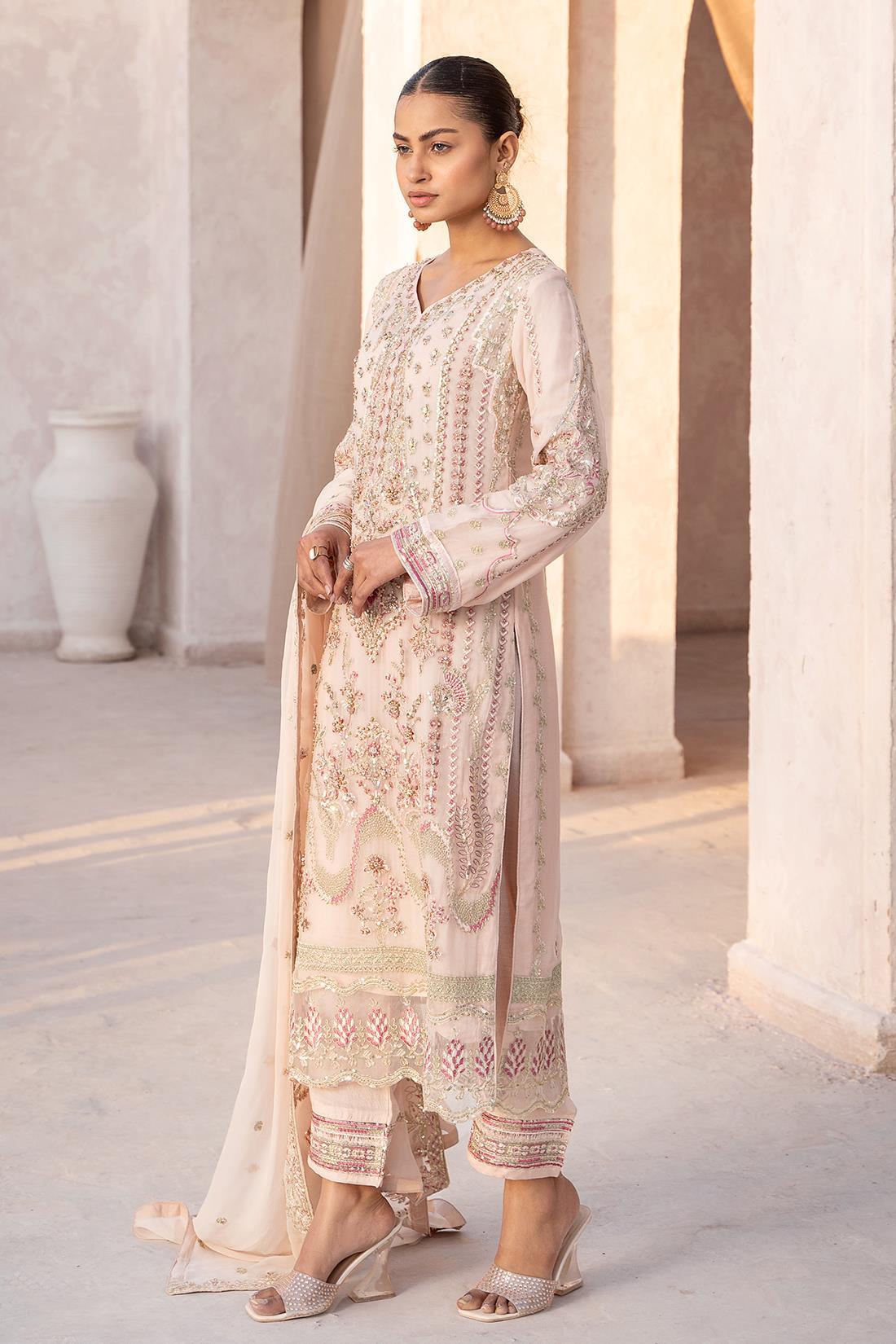 Peach Pink Embroidered Raw Silk Chiffon 3 Piece Suit