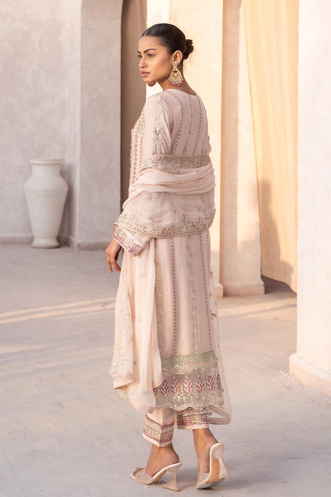 Peach Pink Embroidered Raw Silk Chiffon 3 Piece Suit
