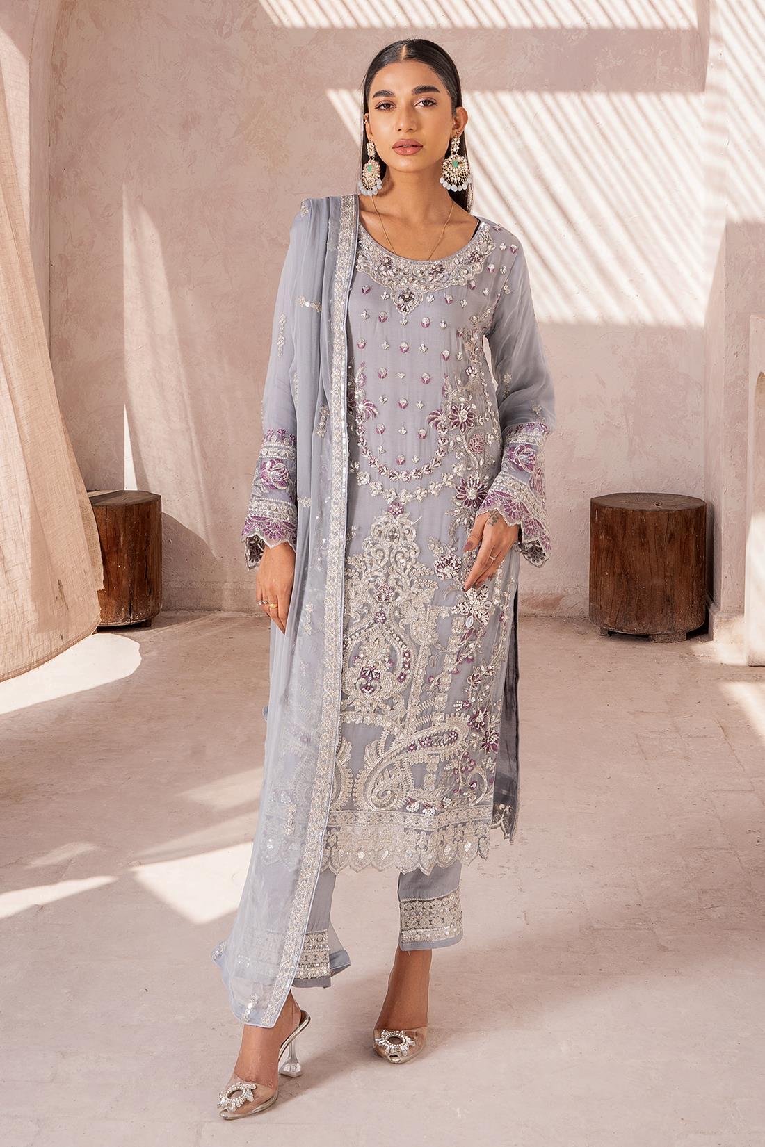 Grey Embroidered Raw Silk Chiffon 3 Piece Suit