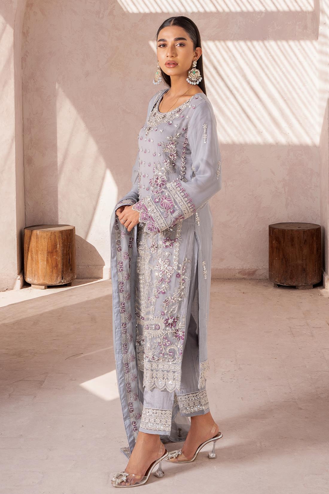 Grey Embroidered Raw Silk Chiffon 3 Piece Suit