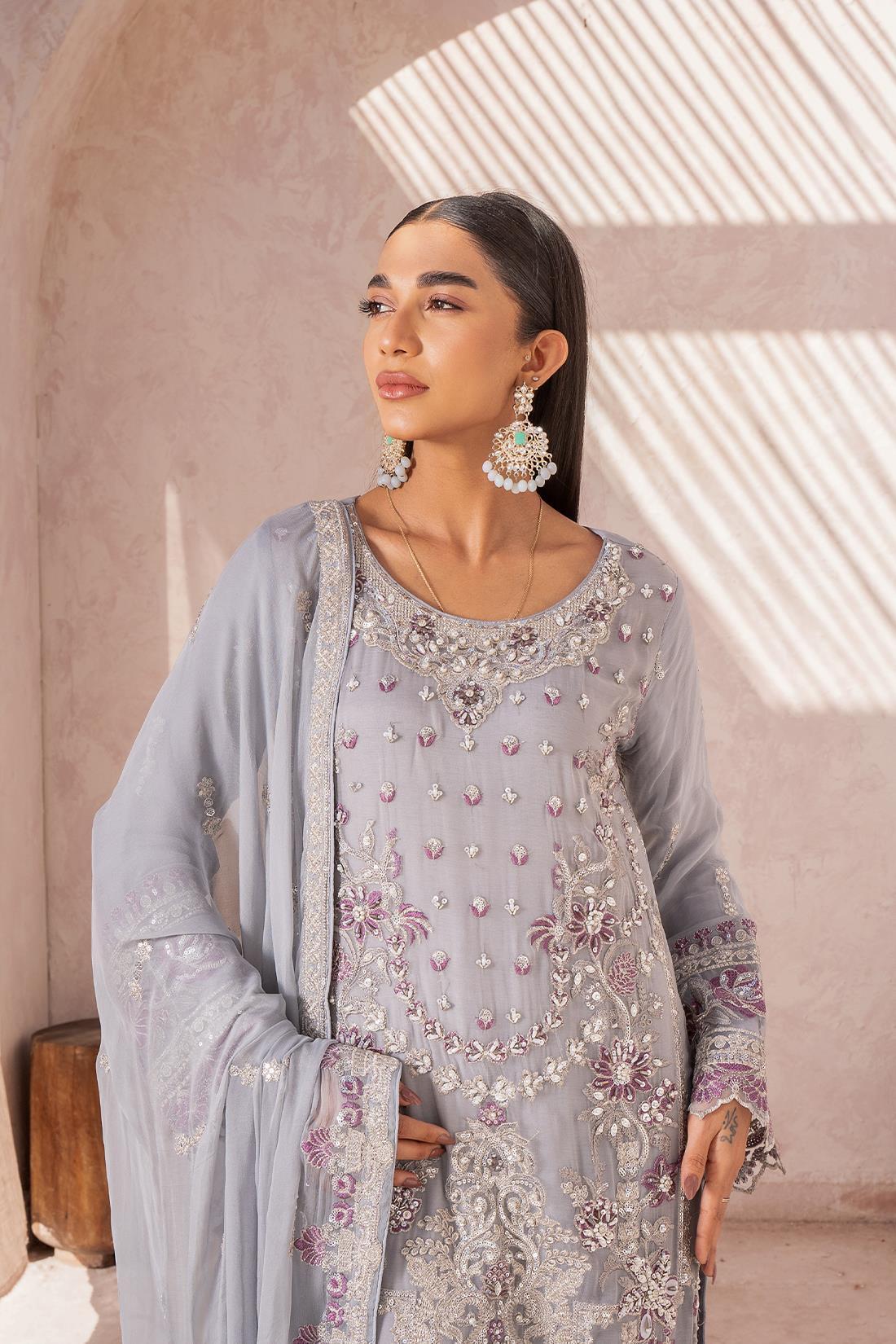 Grey Embroidered Raw Silk Chiffon 3 Piece Suit