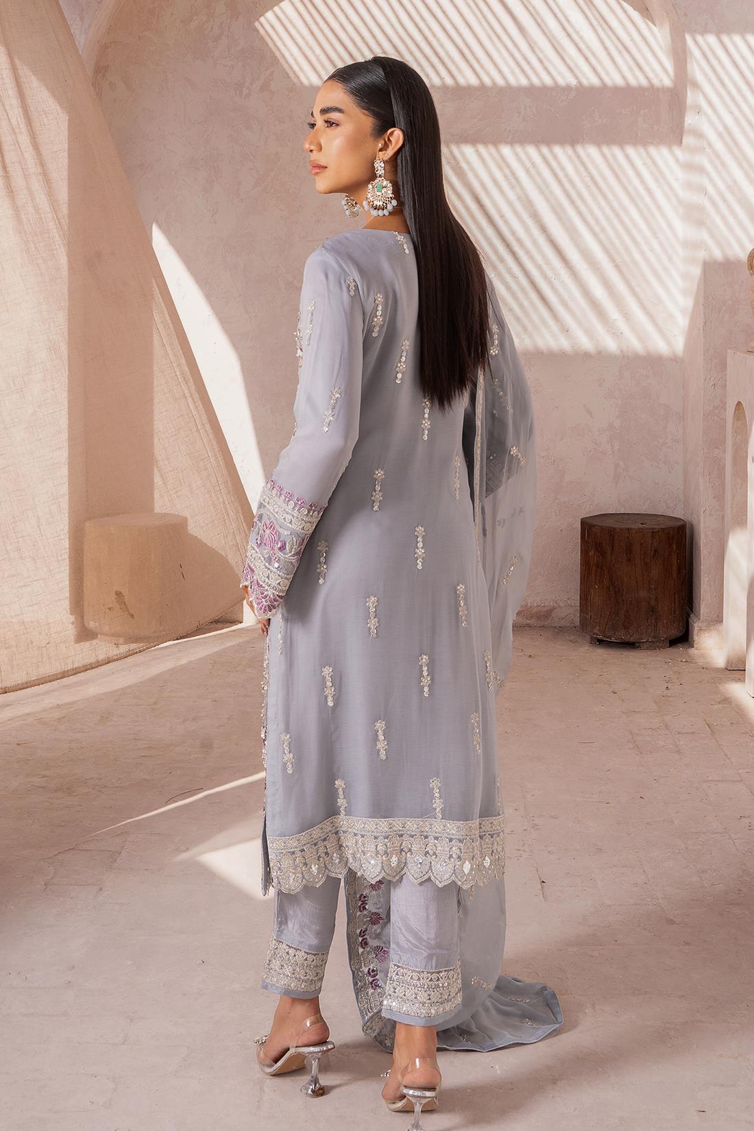 Grey Embroidered Raw Silk Chiffon 3 Piece Suit