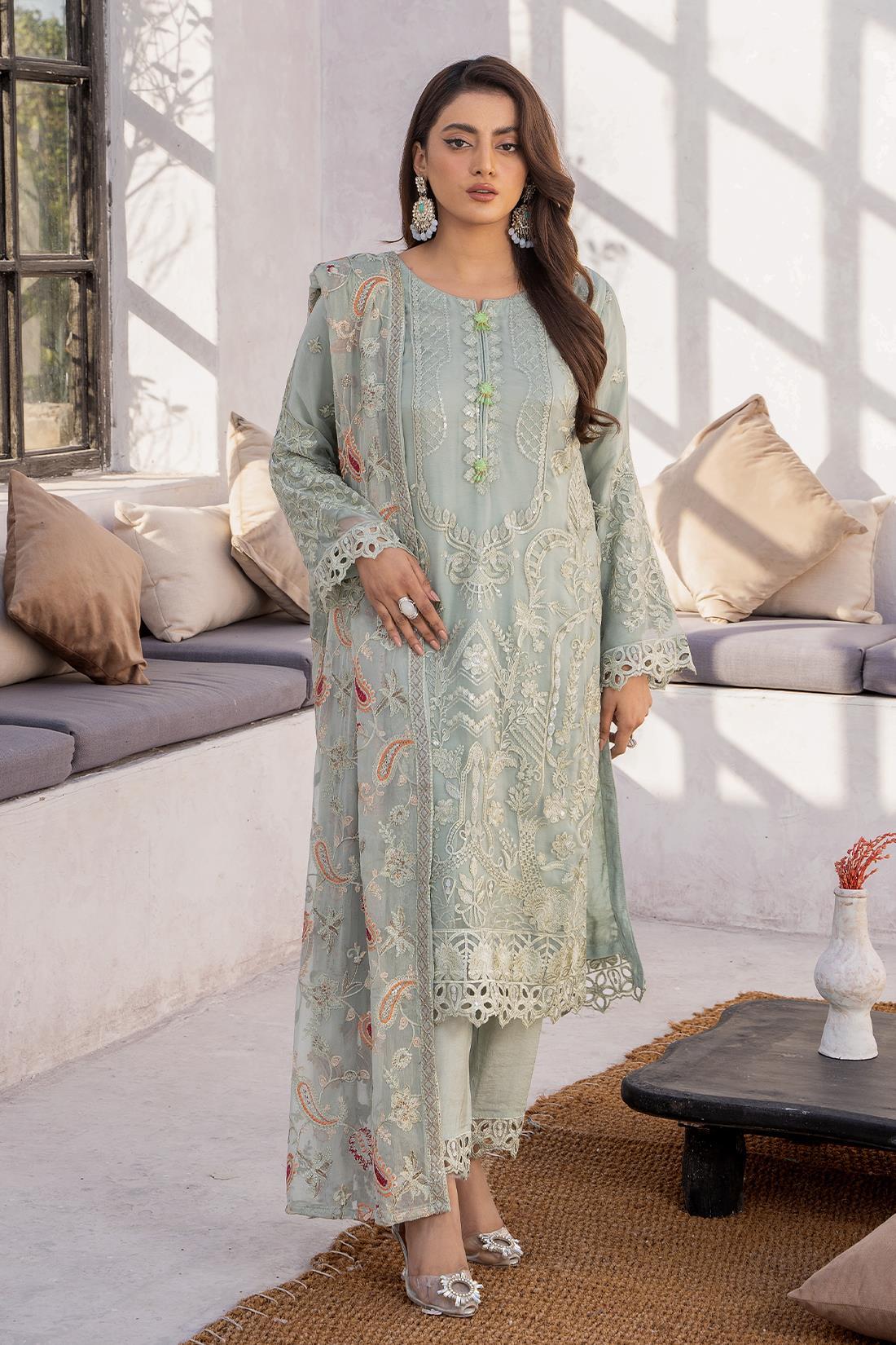 Mint Sequinned Raw Silk Chiffon 3 Piece Suit