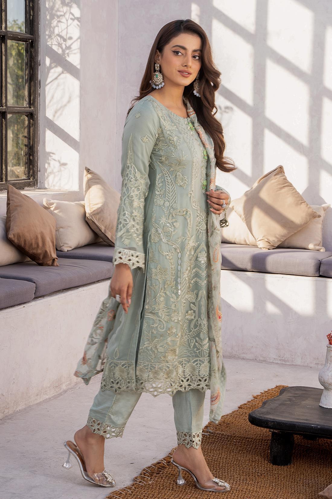 Mint Sequinned Raw Silk Chiffon 3 Piece Suit