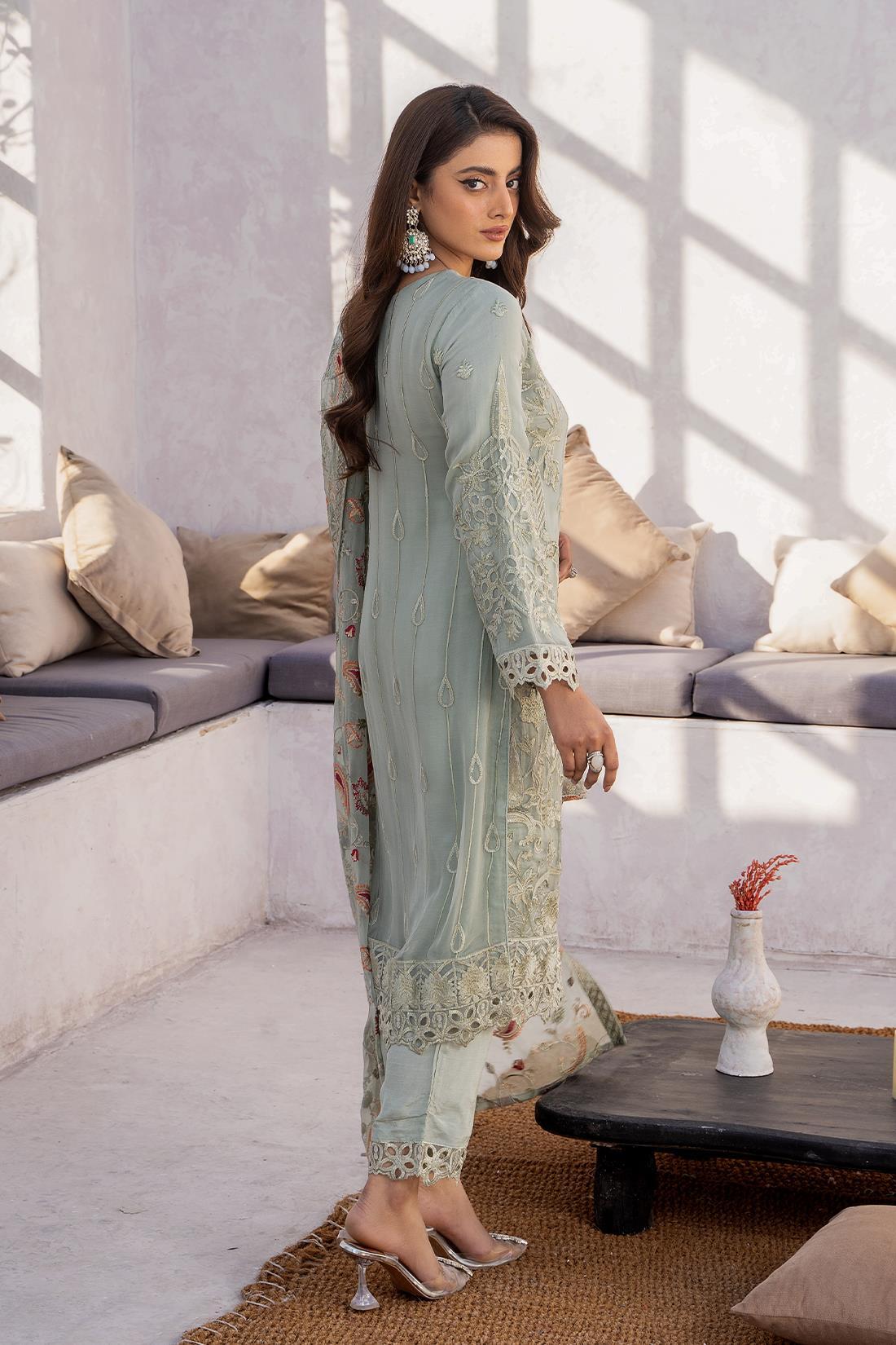 Mint Sequinned Raw Silk Chiffon 3 Piece Suit