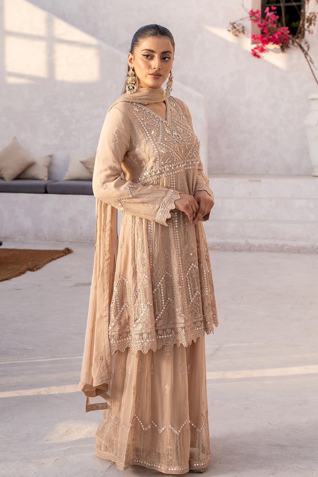 Camel Embroidered Sharara Chiffon 3 Piece Suit