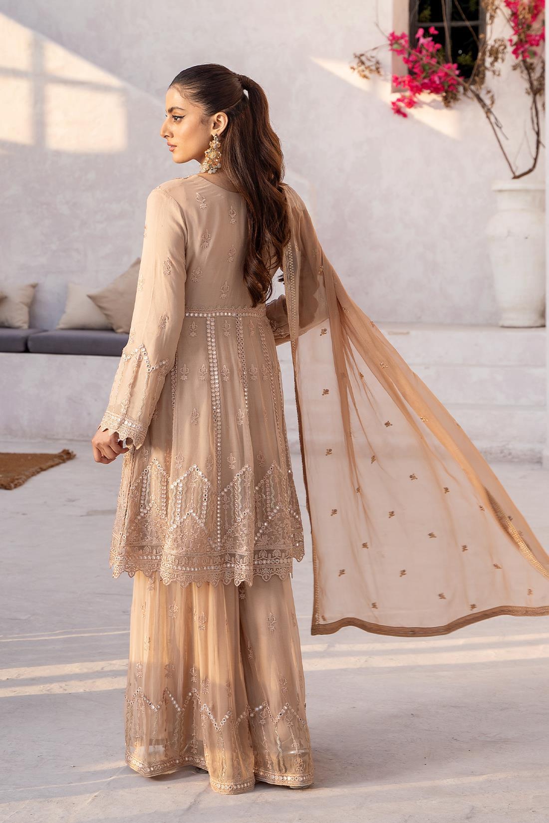 Camel Embroidered Sharara Chiffon 3 Piece Suit
