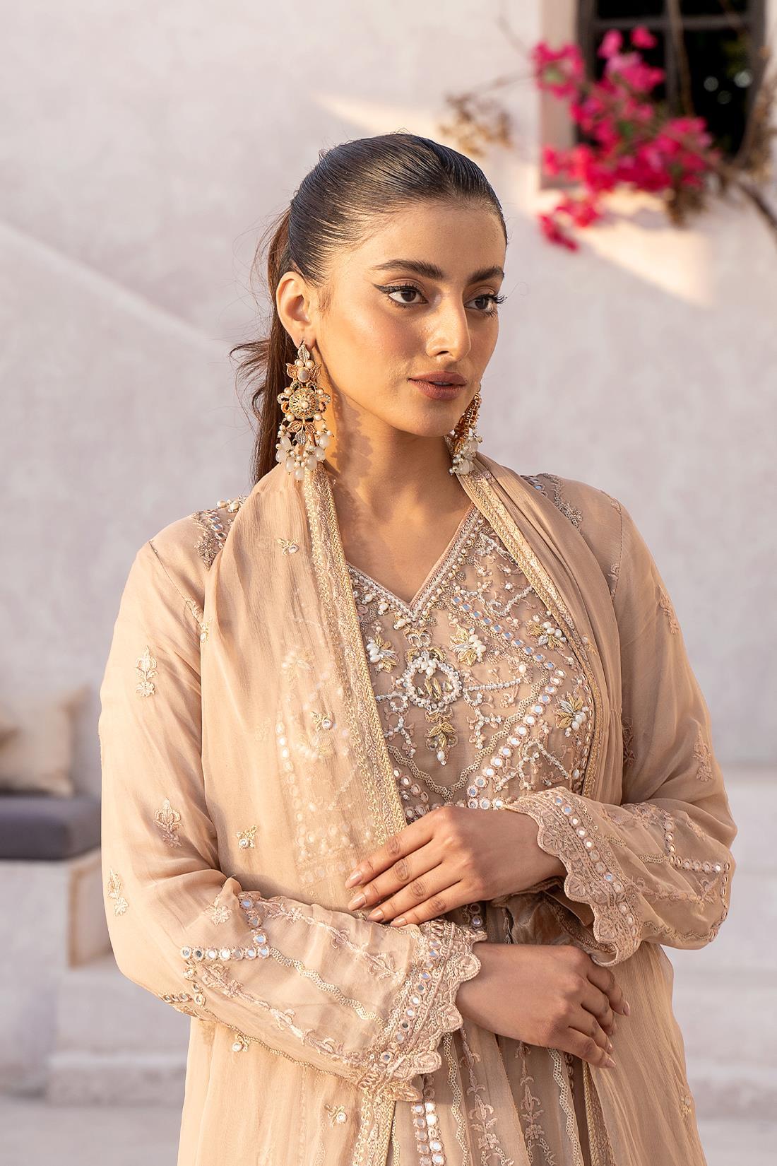 Camel Embroidered Sharara Chiffon 3 Piece Suit