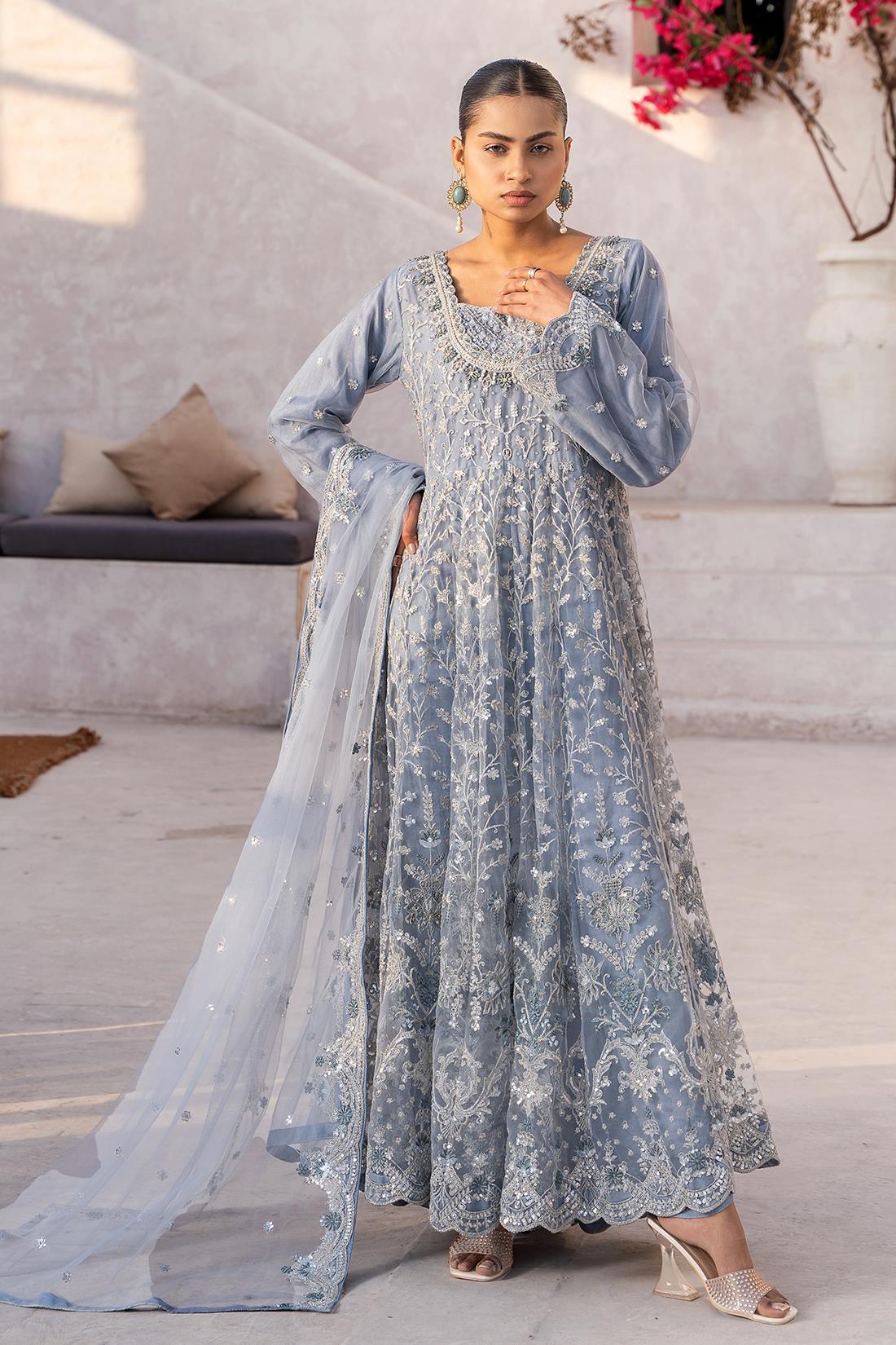 Powder Blue Sequinned Net 3 Piece Long Dress