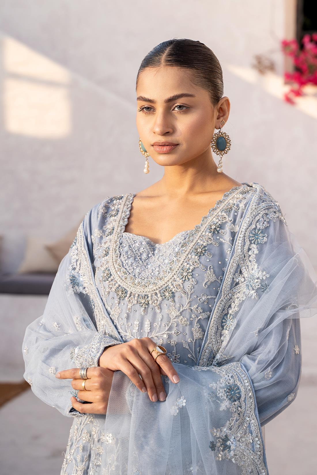Powder Blue Sequinned Net 3 Piece Long Dress