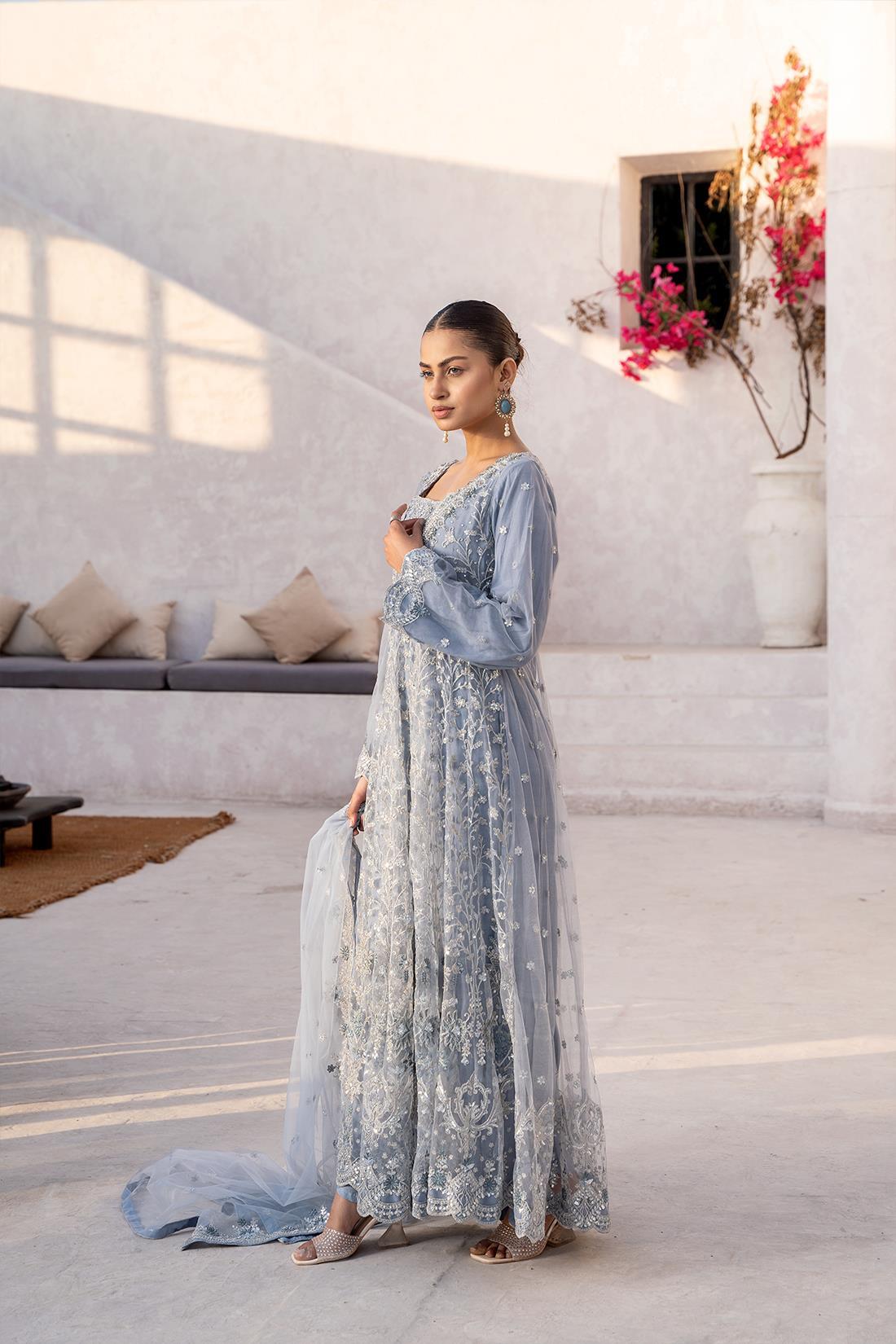 Powder Blue Sequinned Net 3 Piece Long Dress