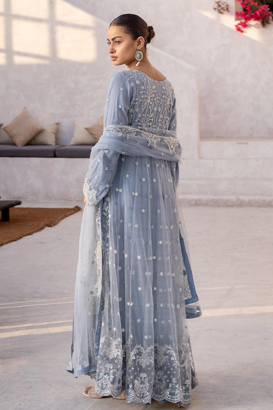 Powder Blue Sequinned Net 3 Piece Long Dress