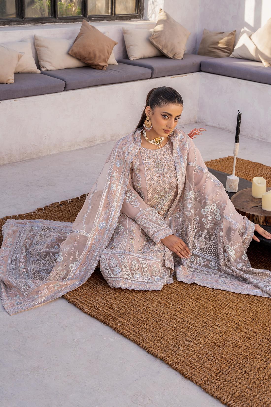 Tea Pink Embroidered Raw Silk Chiffon 3 Piece Suit