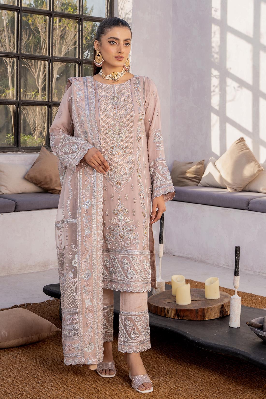 Tea Pink Embroidered Raw Silk Chiffon 3 Piece Suit