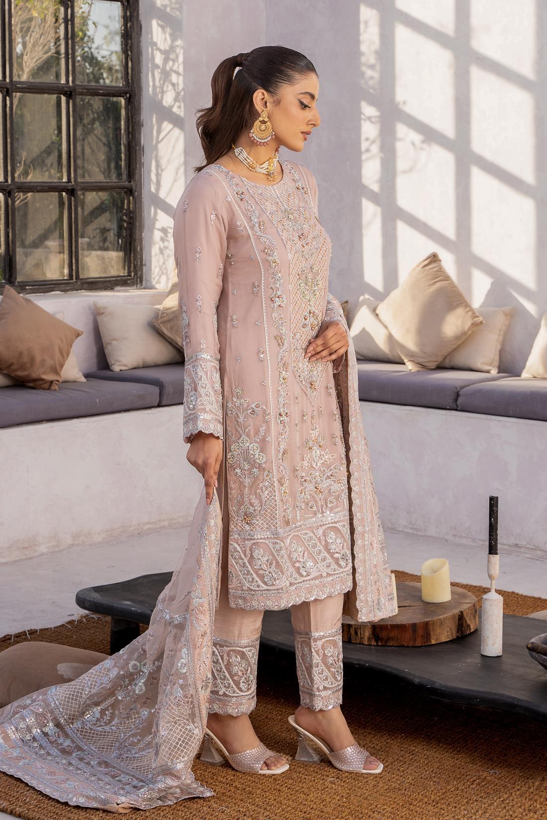 Tea Pink Embroidered Raw Silk Chiffon 3 Piece Suit