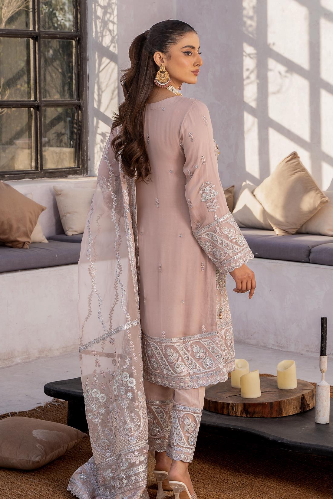 Tea Pink Embroidered Raw Silk Chiffon 3 Piece Suit