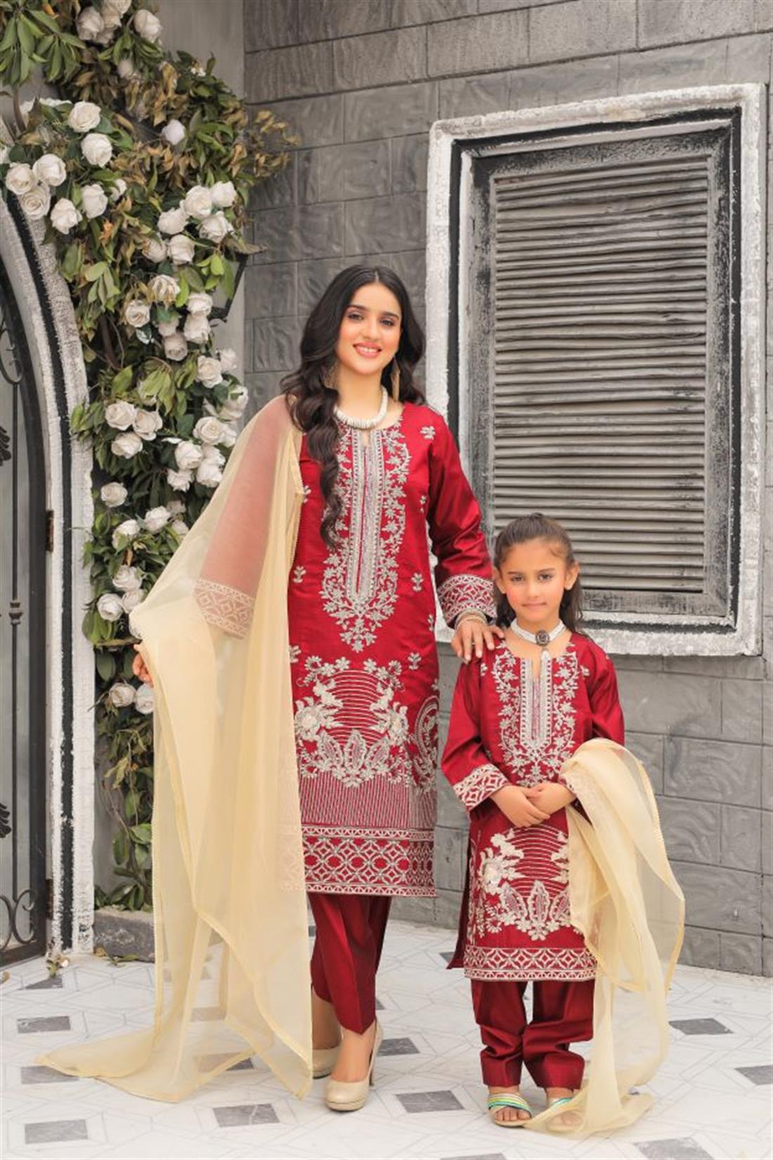Maroon Organza 3 Piece Suit Mother and Daughter Collection