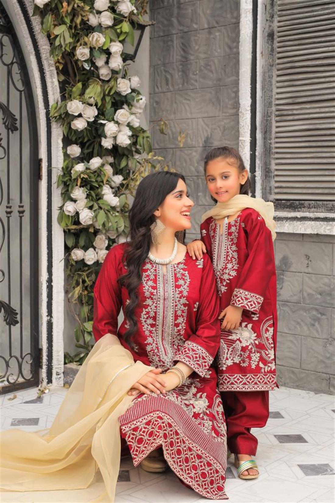 Maroon Organza 3 Piece Suit Mother and Daughter Collection