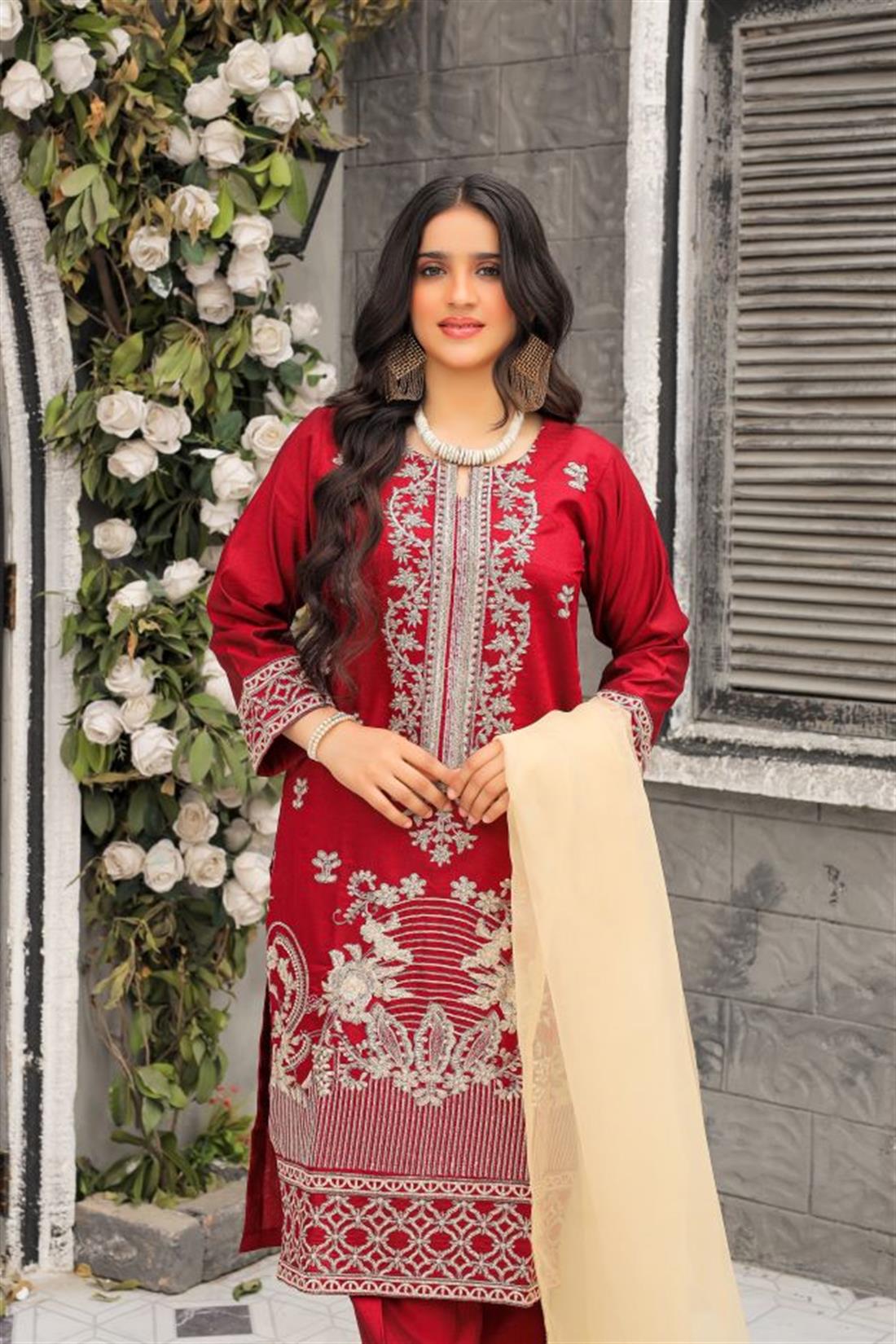 Maroon Organza 3 Piece Suit Mother and Daughter Collection