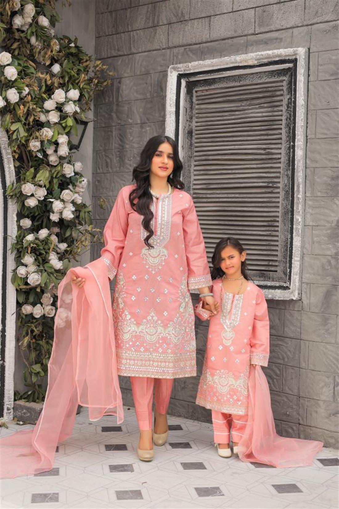 Pink Organza 3 Piece Suit Mother Daughter Collection.