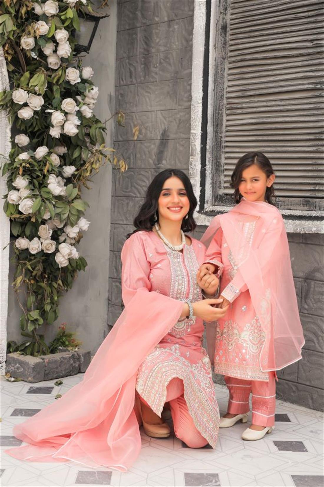 Pink Organza 3 Piece Suit Mother Daughter Collection.