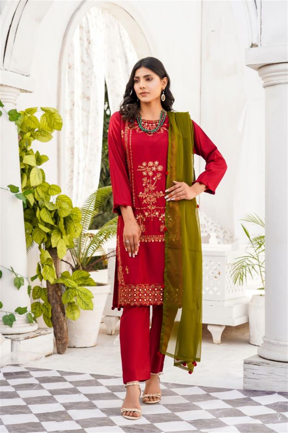 Maroon & Mehendi Embroidered Raw Silk Linen 3 Piece Suit