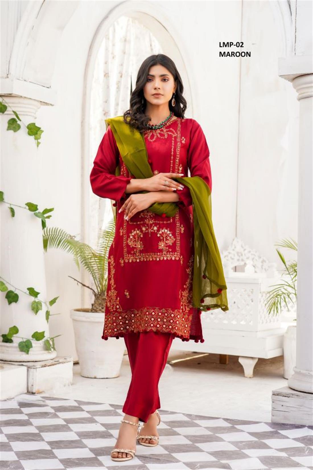 Maroon & Mehendi Embroidered Raw Silk Linen 3 Piece Suit