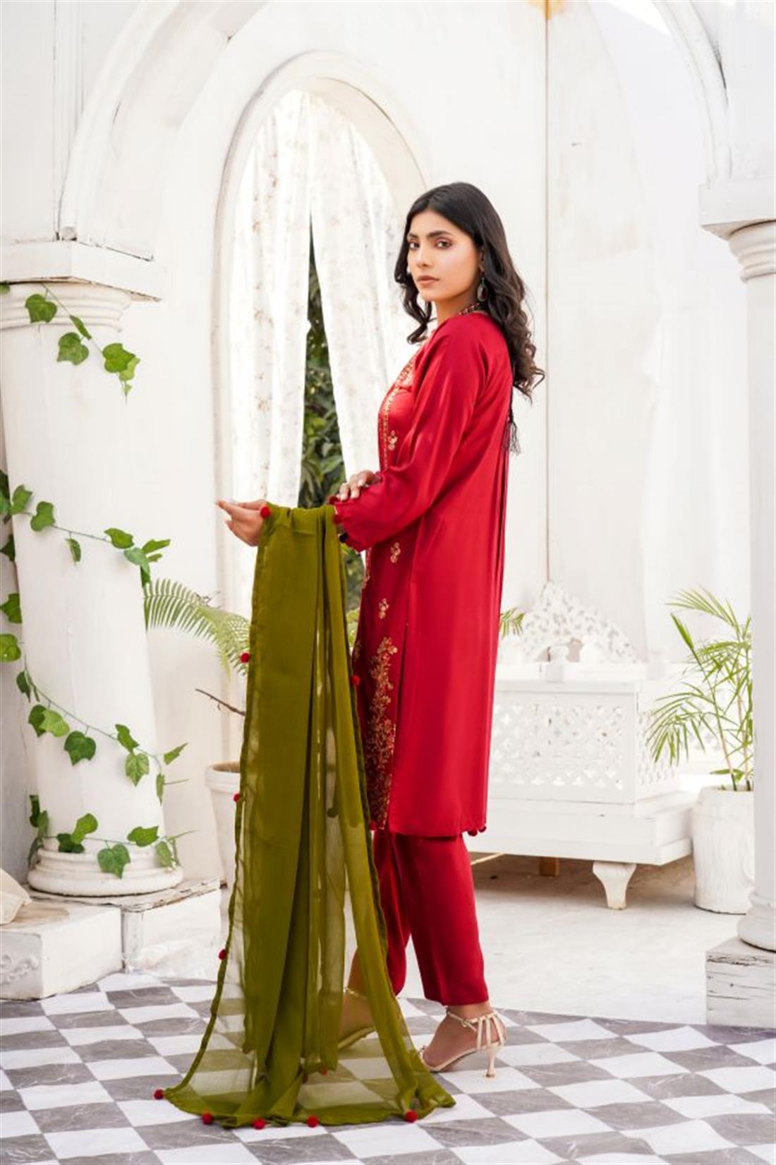 Maroon & Mehendi Embroidered Raw Silk Linen 3 Piece Suit
