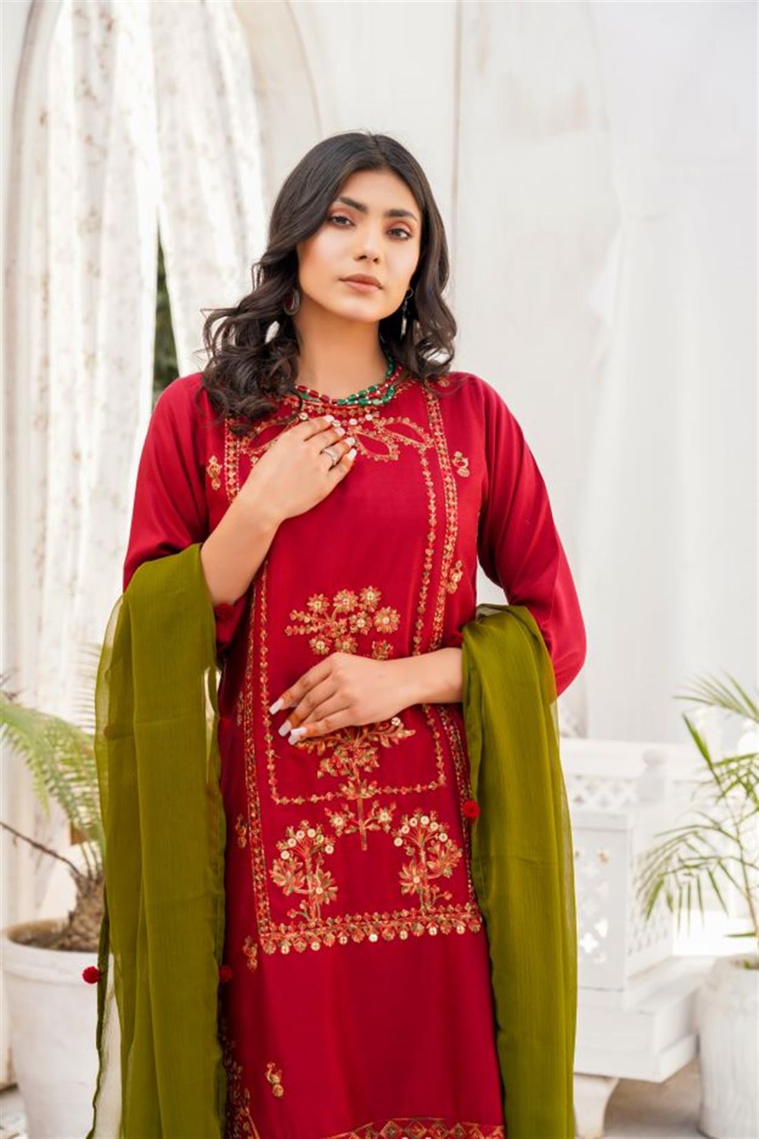 Maroon & Mehendi Embroidered Raw Silk Linen 3 Piece Suit