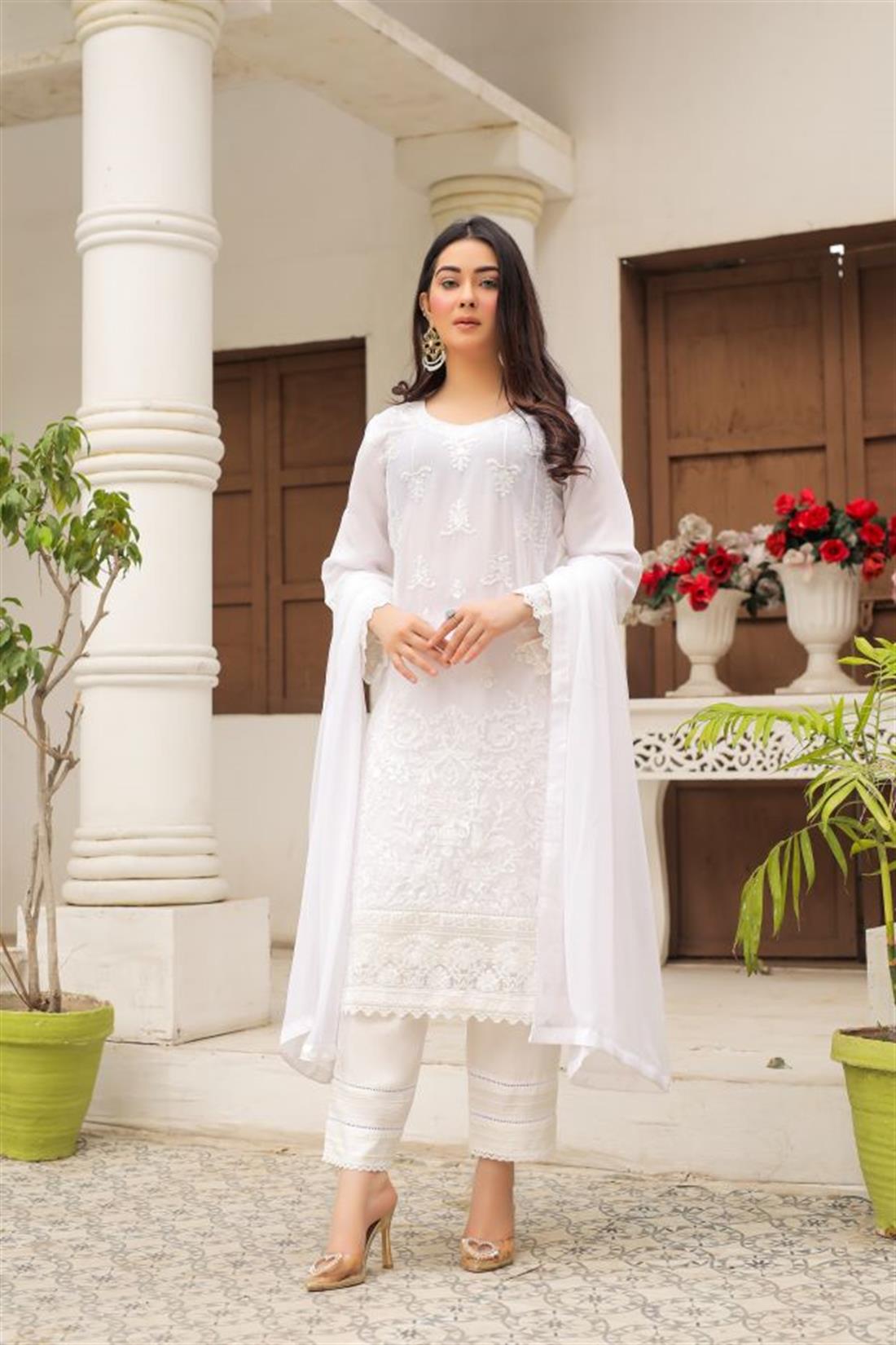 White Sequinned Raw Silk 3 Piece Chiffon Suit