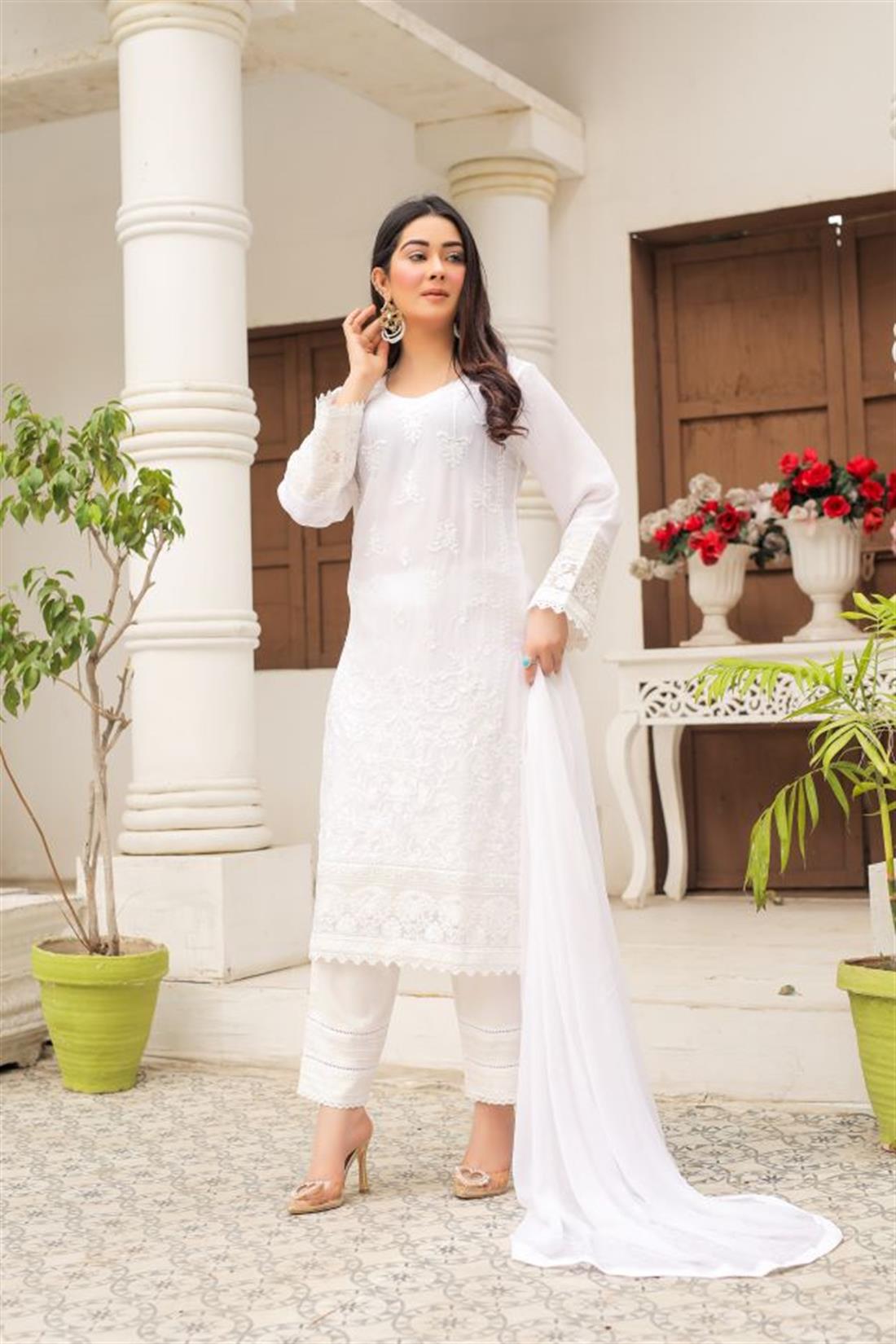 White Sequinned Raw Silk 3 Piece Chiffon Suit