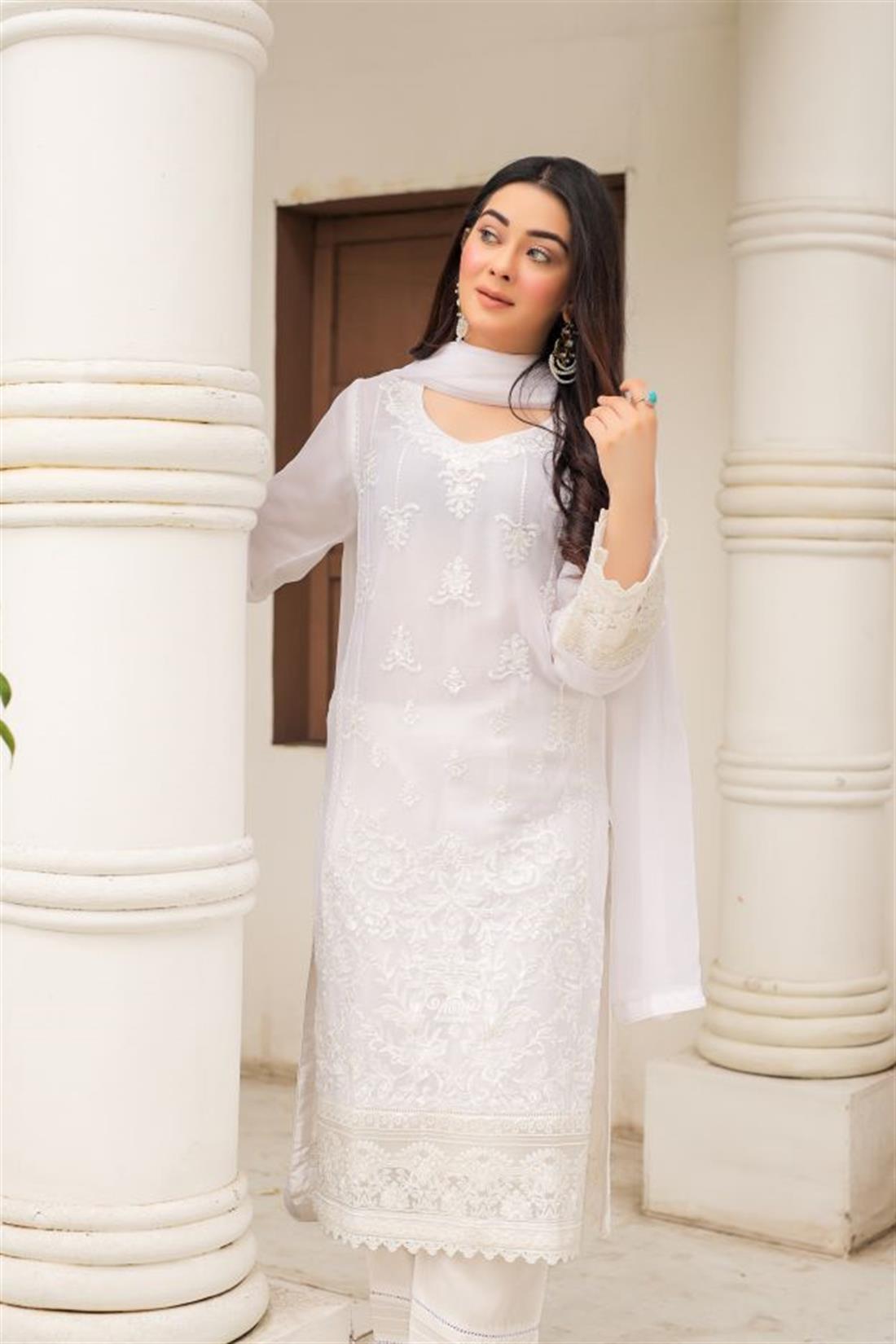 White Sequinned Raw Silk 3 Piece Chiffon Suit